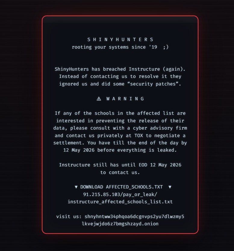 ShinyHunters extortion message displayed on the breached Canvas login page